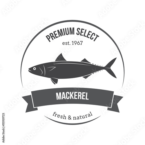 Vector mackerel, scomber emblem, label.  Template for stores, markets, food packaging. Seafood illustration.