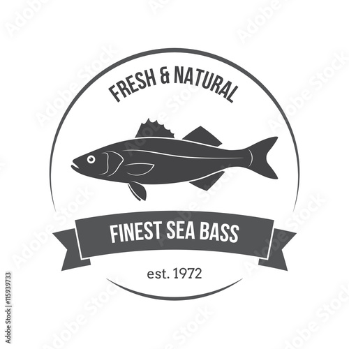 Vector sea bass, labrax, branzino label.  emplate for stores, markets, food packaging. Seafood illustration.