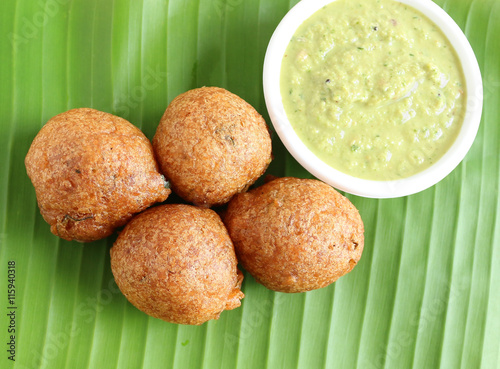 Indian snack, Mangalore bajji, made from batter of refined wheat flour and yogurt, native to Mangalore city, Karnataka state.
