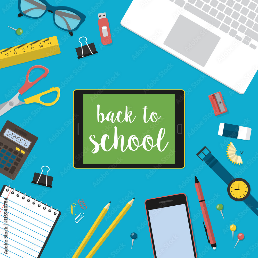 Modern back to school background with digital tablet, laptop com Modern back to school background with digital tablet, laptop com