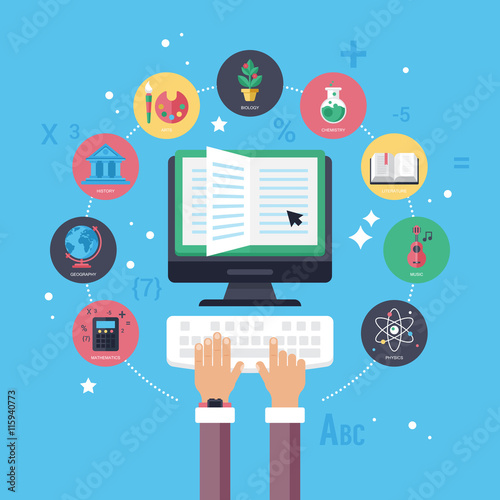 Back to school concept with computer and lessons flat icons. Onl