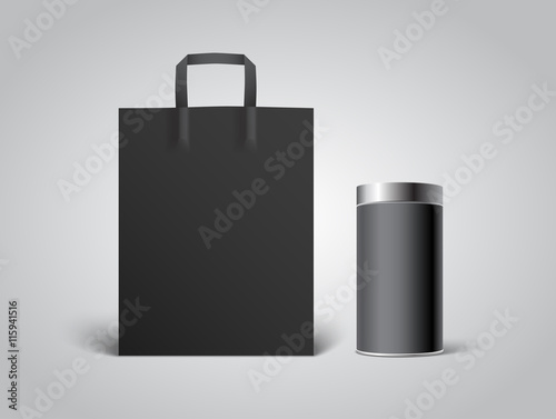 Black paper bag mockup with Blank Tincan packaging with steel cover