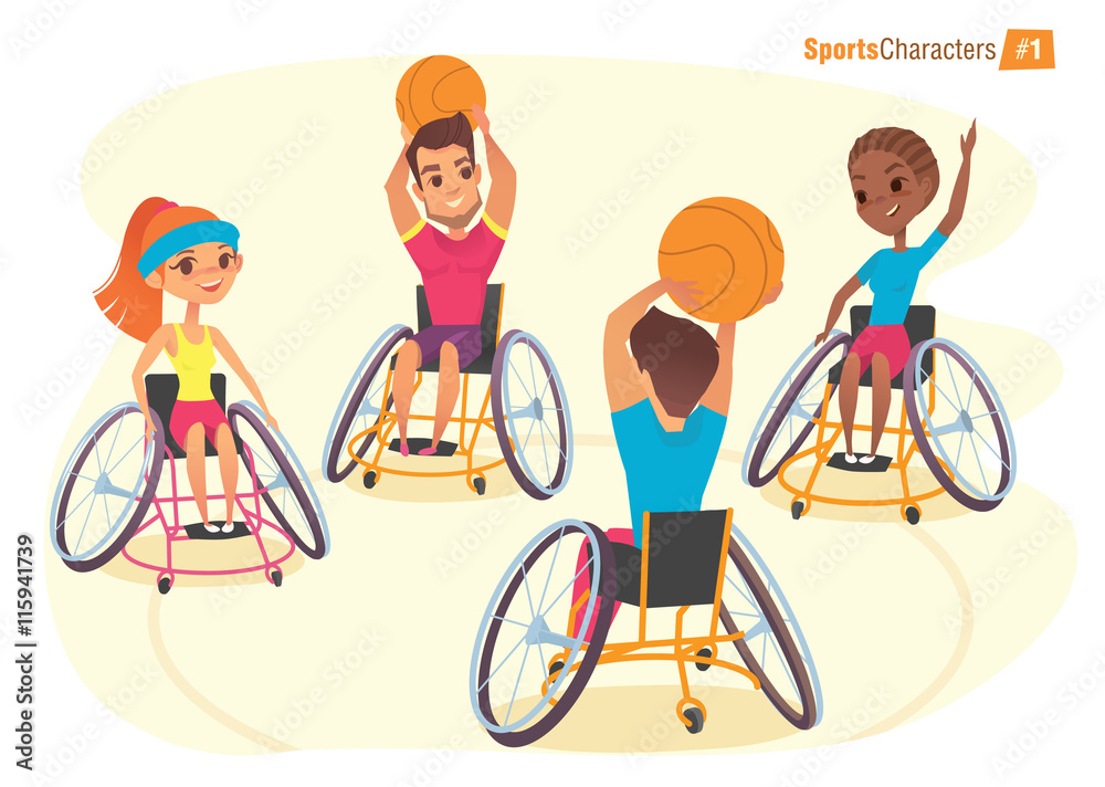 Handisport characters. Boys and girls in wheelchairs playing baysball Handicap First-person view. Medical rehabilitation Illustration. Handisport characters. Boys and girls in wheelchairs playing baysball Handicap First-person view. Medical rehabilitation Illustration.