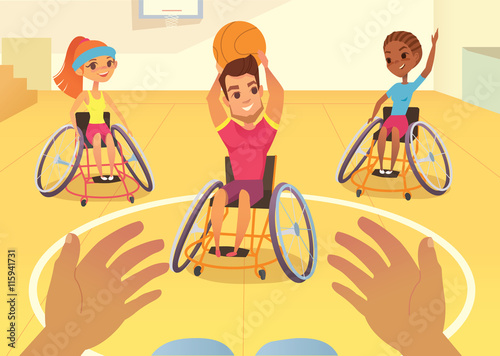 Handisport. Boys and girls in wheelchairs playing baysball in a school gym. Handicap First-person view. Caring for the disabled people children. Medical rehabilitation concept.