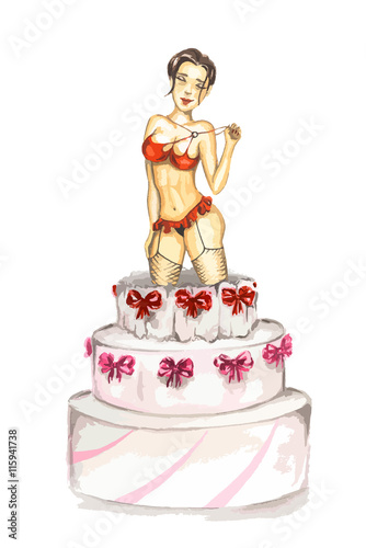 Watercolor Stripper out of cake. Isolated sexy curvaceous stripper go out of celebration cake.