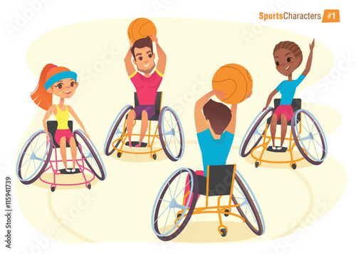 Handisport characters. Boys and girls in wheelchairs playing baysball Handicap First-person view. Medical rehabilitation Illustration.