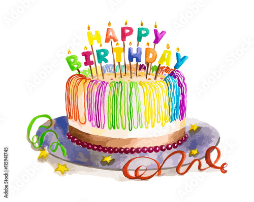 Isolated beautiful watercolor birthday cake with happy birthday candles