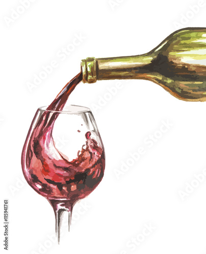 watercolor glass pouring with red wine. Restaurant decoration. Sommelier concept.