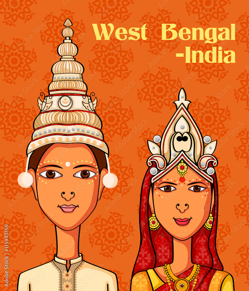 Bengali Couple in traditional costume of West Bengal, India Stock Vector |  Adobe Stock