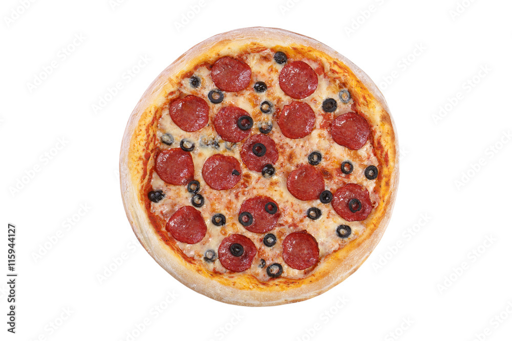 Pizza with cheese, salami, mushrooms, olives and tomato sauce Pizza with cheese, salami, mushrooms, olives and tomato sauce