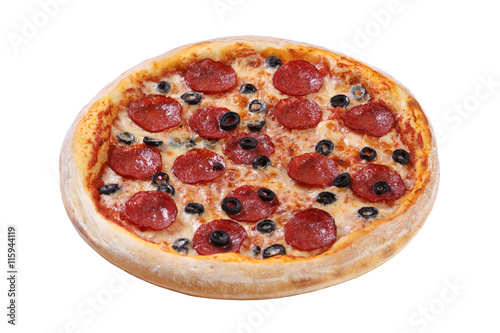 Pizza with cheese, salami, mushrooms, olives and tomato sauce