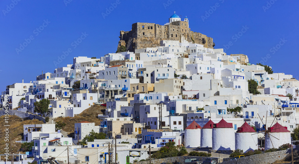 beautiful Astypalea island - view of old castle and Chora with windmills