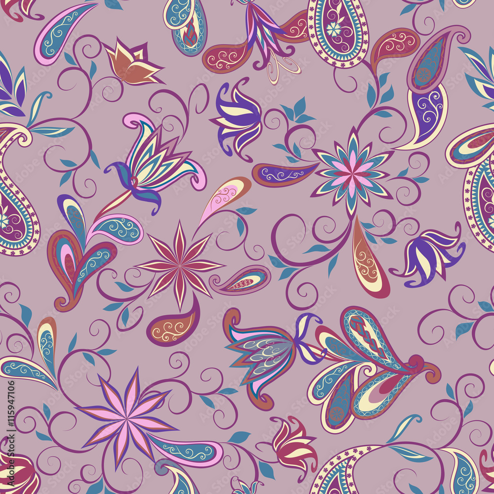 The pattern of flowers and Paisley in Indian style.