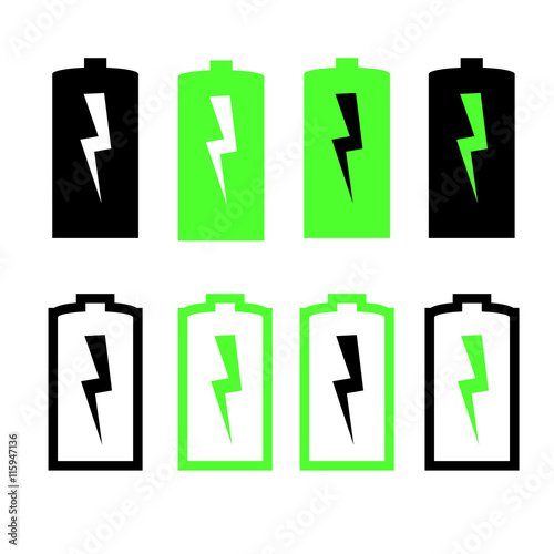 Battery life, battery level indicators black and green battery icon.