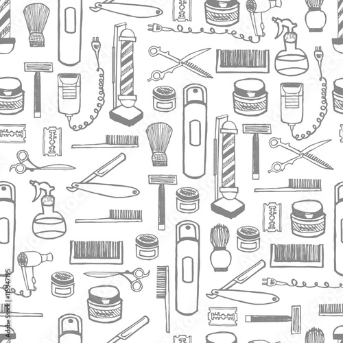 Seamless pattern of hand dawn barbershop equipment. 