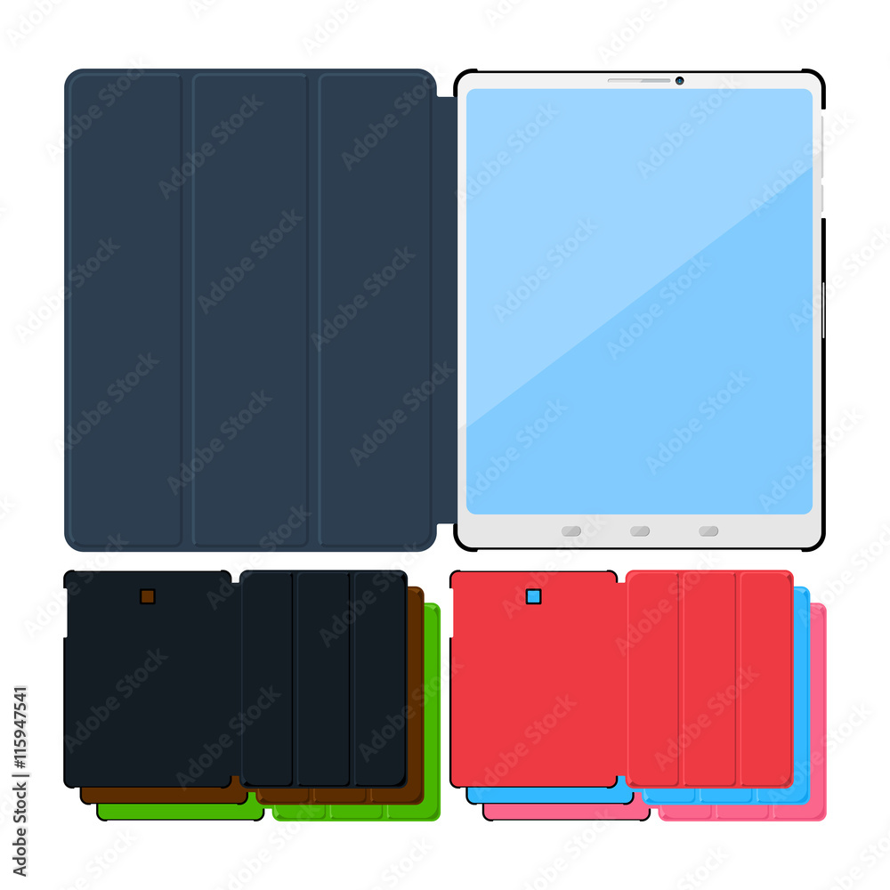 Set of colorful flat tablet pc cases. Black, leather, green, red, blue, pink. Set of colorful flat tablet pc cases. Black, leather, green, red, blue, pink.