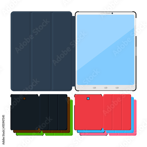 Set of colorful flat tablet pc cases. Black, leather, green, red, blue, pink.