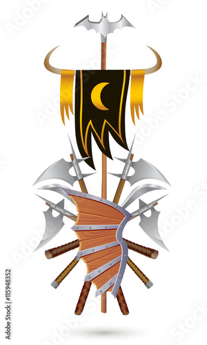 Coat of Arms to fantasy style on a white background. Shield, sword, ax, standard with moon and bat.