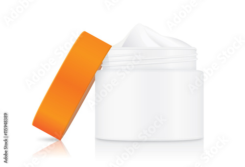 Cream container opaque white color with orange cap which opened at side it. showing inside of jar cream