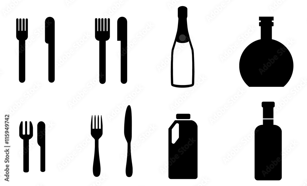 Couverts et bouteilles en 8 icônes Couverts et bouteilles en 8 icônes
