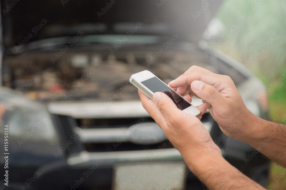 Motorist Broken Down On Country Road Phoning For Help Motorist Broken Down On Country Road Phoning For Help