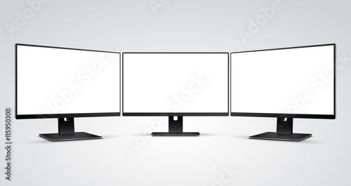 Three Computer Monitors with Ultra-thin display border with blank white screen Mockup