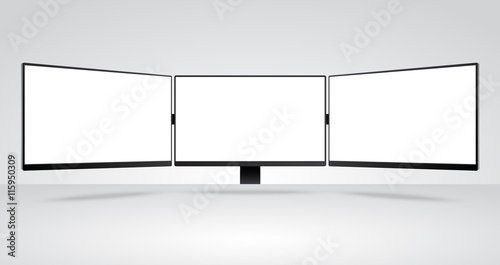 Three panels of Computer Monitors Mockup with white blank screen