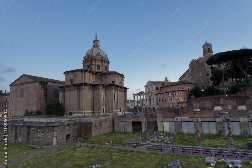 Church near the grounds of the Roman Forum in Rome, Italy at sunset 