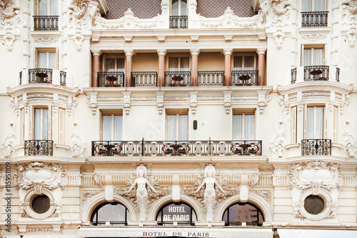 Front facade of Hotel de Paris in Monte Carlo. This luxury 5-star hotel was opened in 1863.