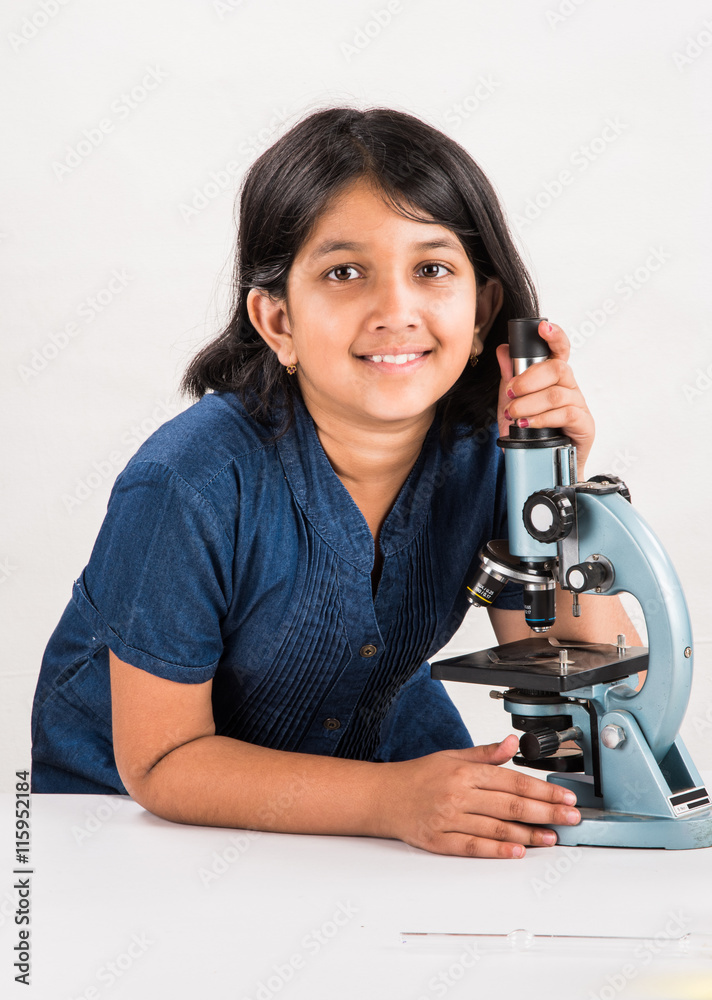 curious indian girl with microscope, asian girl with microscope, Cute