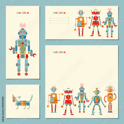 4 universal cards withmulti-colored robots. Template. Birthday, anniversary, children’s party, invitation, special event.