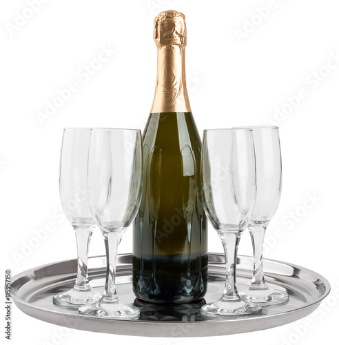 Champagne bottle and four glasses