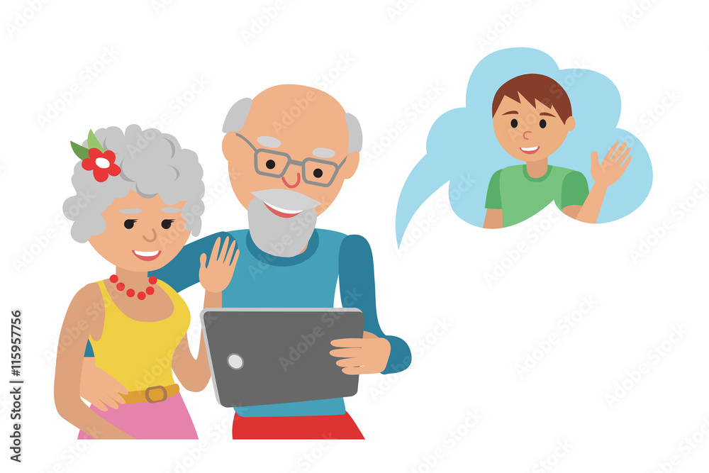 Family vector illustration flat style people faces online social media communications. Man woman parents grandparents with tablet phone. Family vector illustration flat style people faces online social media communications. Man woman parents grandparents with tablet phone.