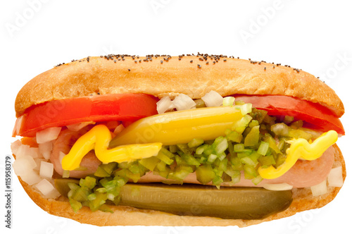 Hot Dog Chicago Style isolated on white. American Fast food. National Day.