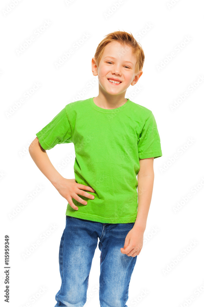 Happy smiling boy in green t-shirt and denim Happy smiling boy in green t-shirt and denim