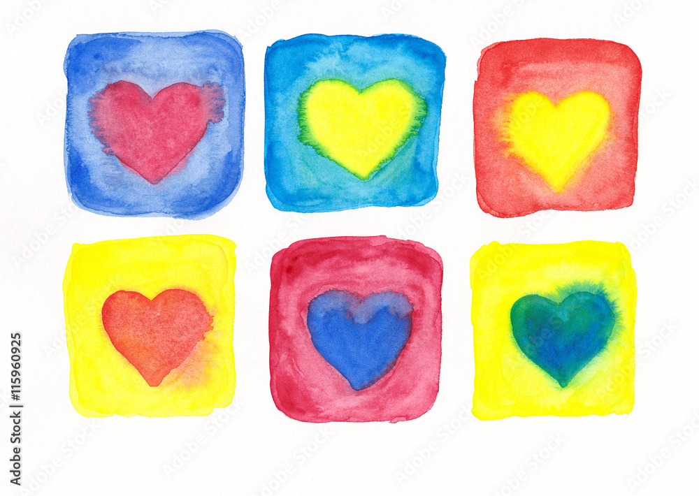 Six hearts in frames watercolor painting