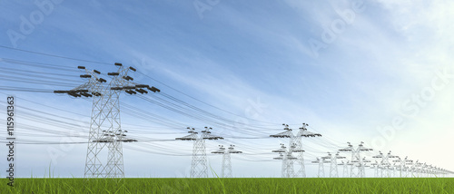 3d render  ng of Powerlines on green field