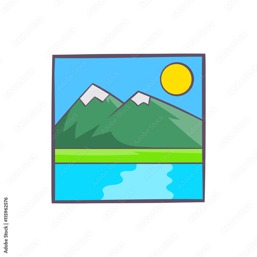 Naklejka premium Drawing mountain landscape icon in cartoon style isolated on white background. Painting symbol