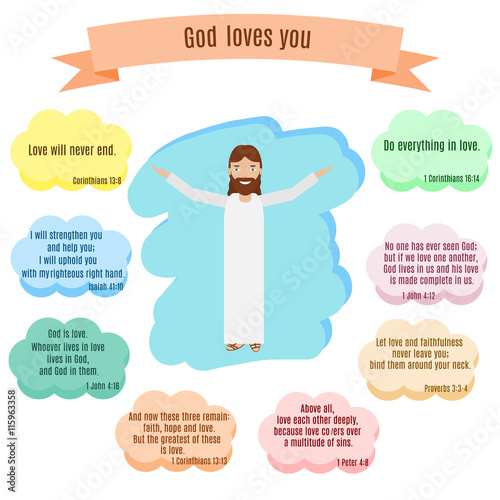 God loves you vector illustration. Smiling Jesus and Bible quotes with verses about love