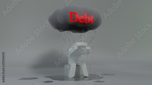 Fotografie Stylized 3D character sitting beneath a raining Debt cloud.