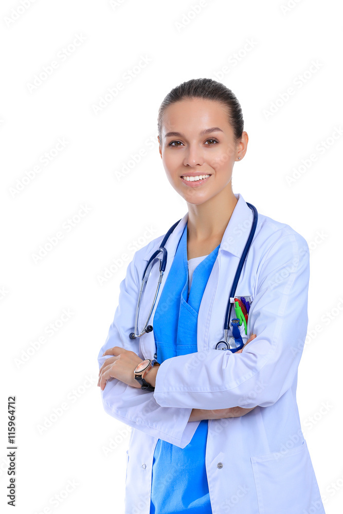 Woman doctor with stethoscope standing with arms crossed isolated on a white background Woman doctor with stethoscope standing with arms crossed isolated on a white background