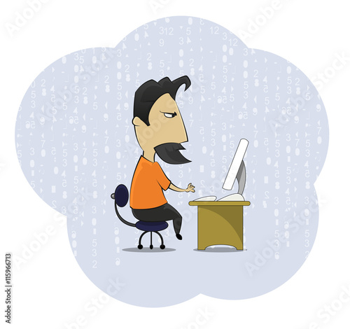 Middle age work addict geek sitting at the computer desk.