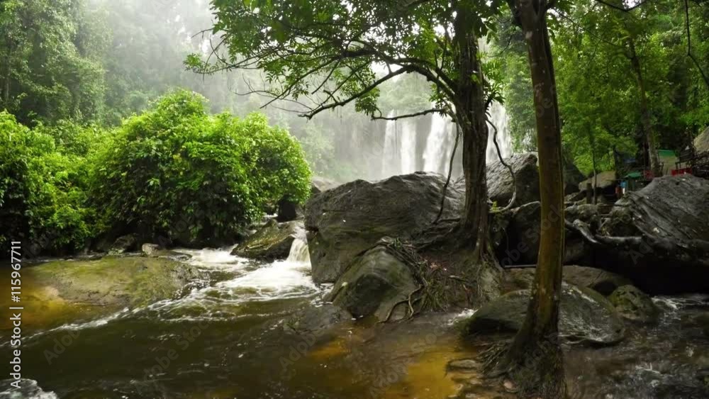Water swirls around boulders after a long plunge from the natural waterfalls at Phnom Kulen National Park in Cambodia, with sound. Water swirls around boulders after a long plunge from the natural waterfalls at Phnom Kulen National Park in Cambodia, with sound.