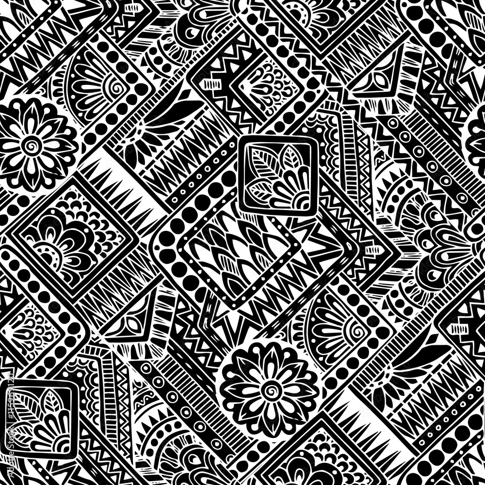 Seamless asian ethnic floral retro doodle black and white background ...