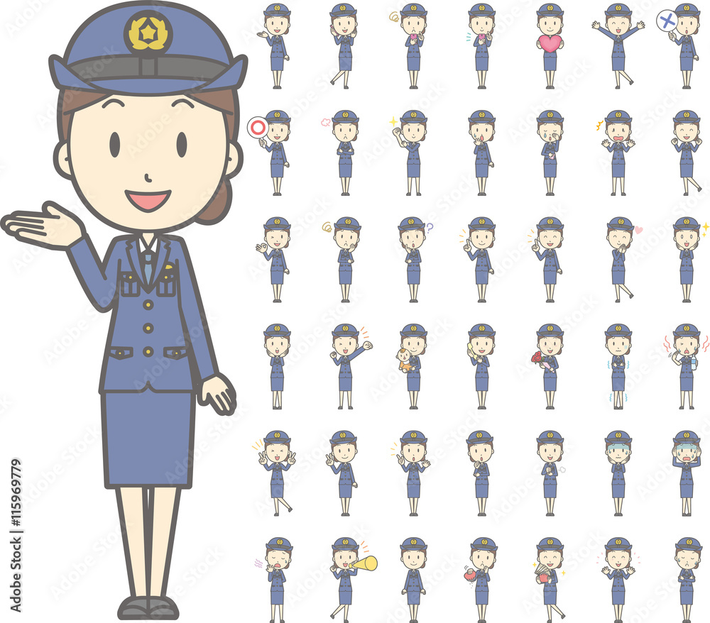 制服を着た警察官の女性vol 1 案内 指差し 笑顔など 様々な表情やポーズのイラストをセット Stock Vector Adobe Stock