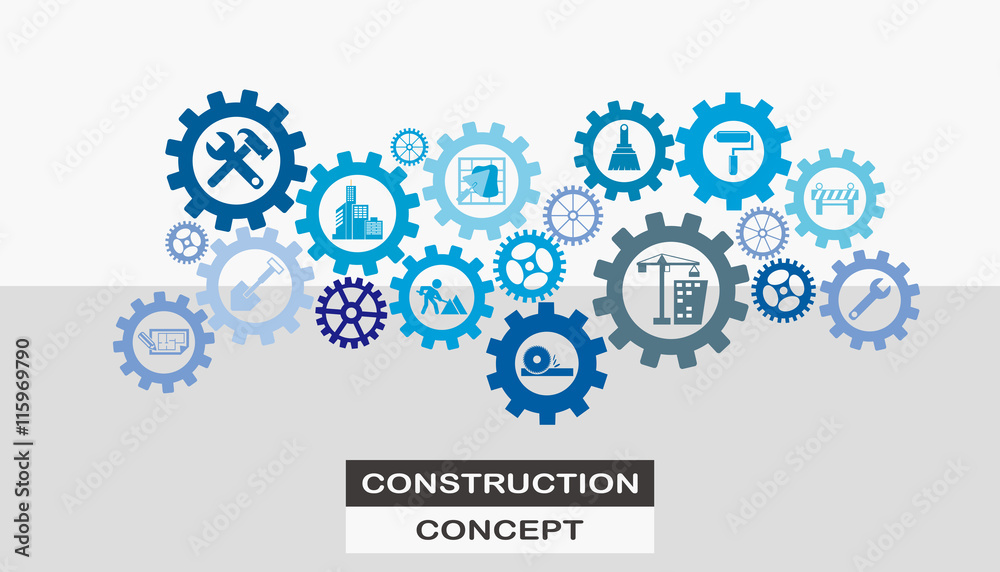 construction concept background with industrial flat icons in gears