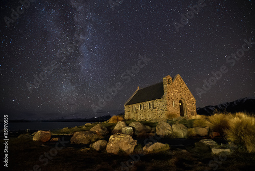 Milky Way Galaxy rising over Church Of God Shepherd, New Zealand. Image noise due to high ISO used photo