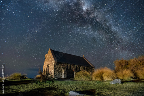 Milky Way Galaxy rising over Church Of God Shepherd, New Zealand. Image noise due to high ISO used