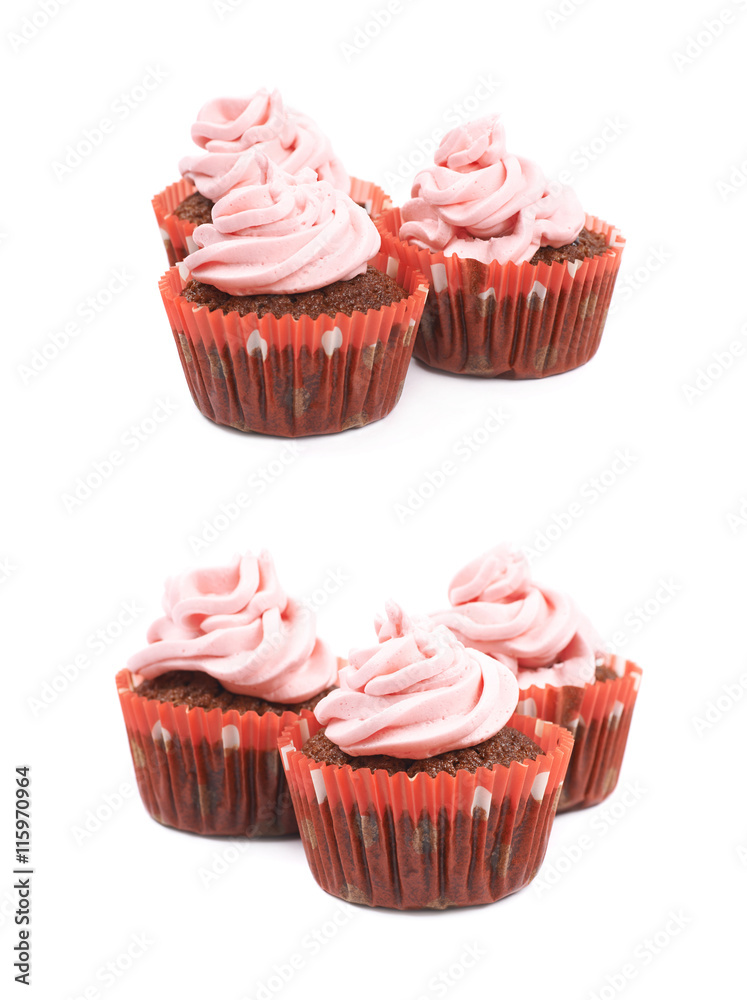 Chocolate muffin with pink cream isolated
