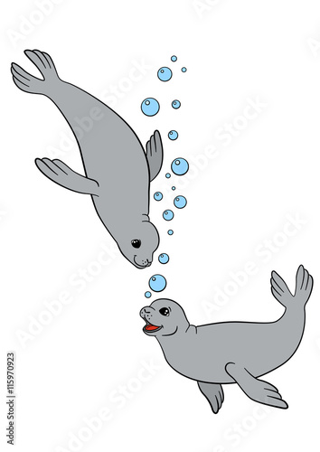 Cartoon animals. Two little cute seals swim.